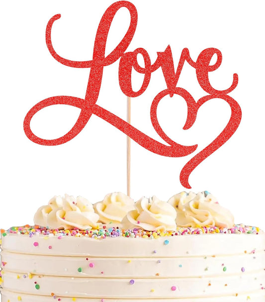 Love Cake Topper - Red Glitter Paper Wedding Cake Decoration Supplies, Perfect for Bridal Shower/Engagement/Anniversary/Birthday Party