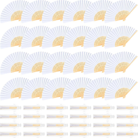 NEBURORA 24Pcs White Handheld Paper Fans 8.3 Inch Hand Held Bamboo Fans Foldable for Wedding Decoration Outdoor Party Favors DIY Decoration Dancing Photography Props