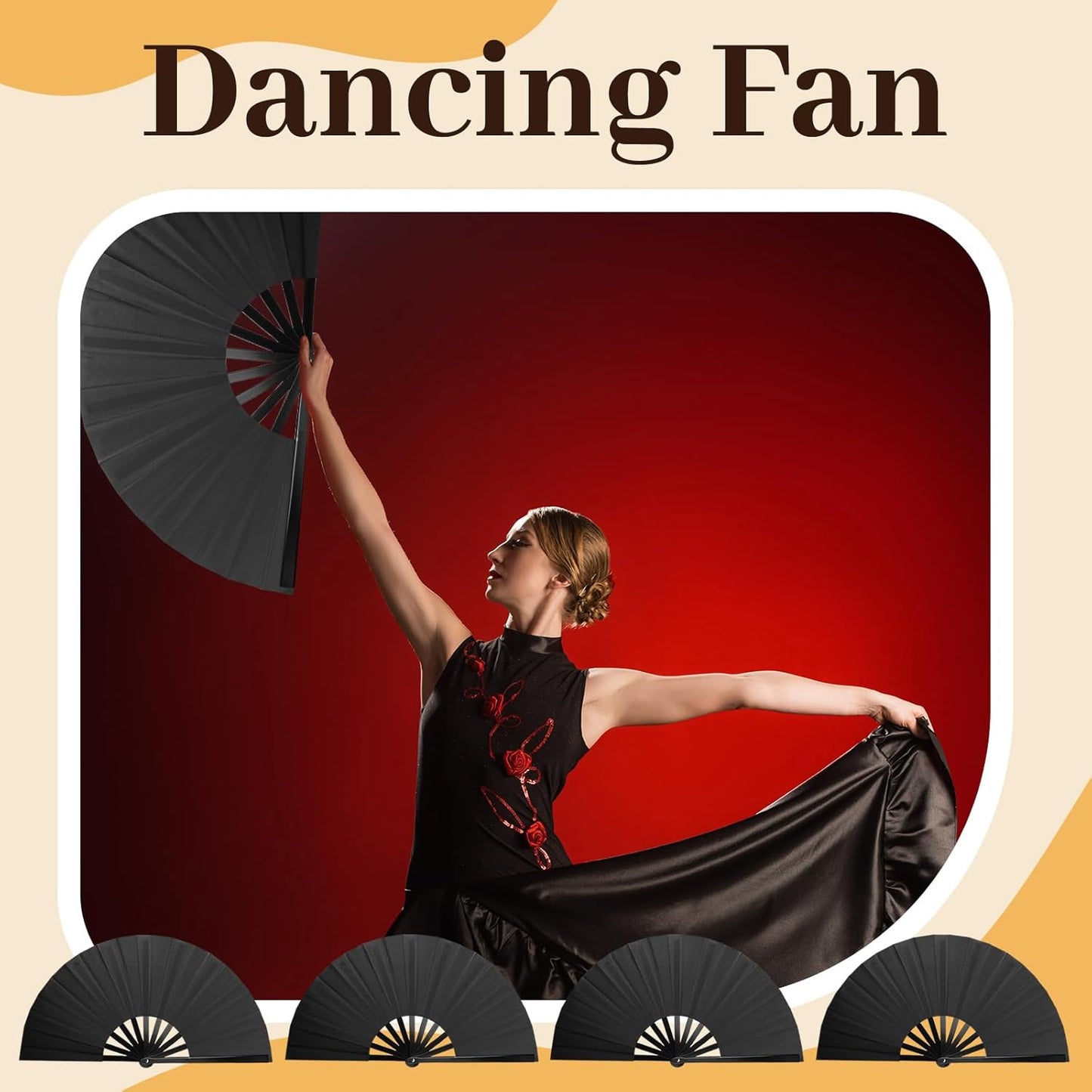8PCS Large Chinese Folding Fans with 8 Fan Sleeves, Boots on The Ground Hand Fans Bulk, Clacking Fans for Line Dancing, Popping Fans for Line Dancing (Black)