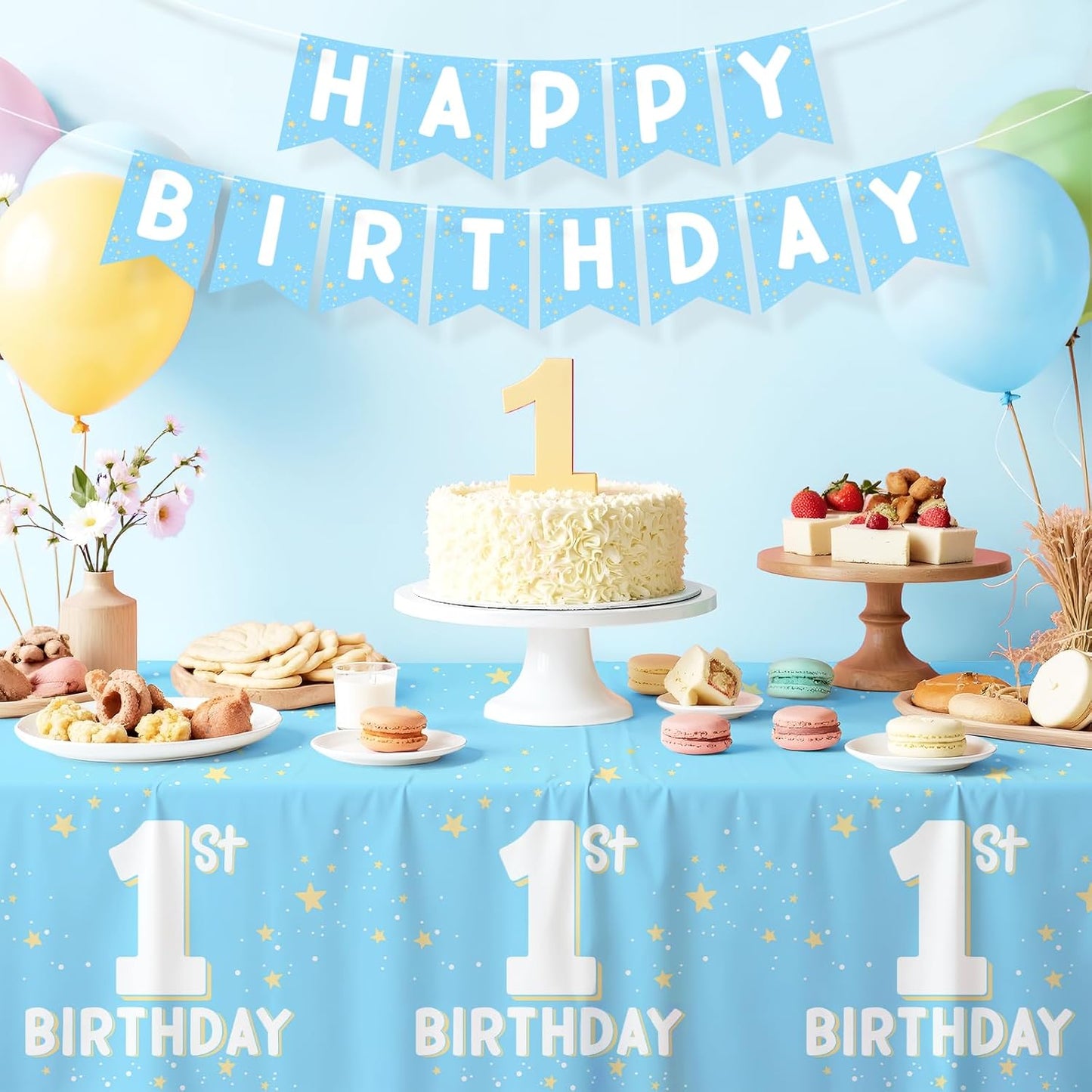 Gatherfun Baby Blue Party Supplies Set: 1st Birthday Decorations, Includes 2-Pack Baby Boy -Themed Tablecloths for First Birthday Decorations, Disposable Table Covers 54 x 108 Inch