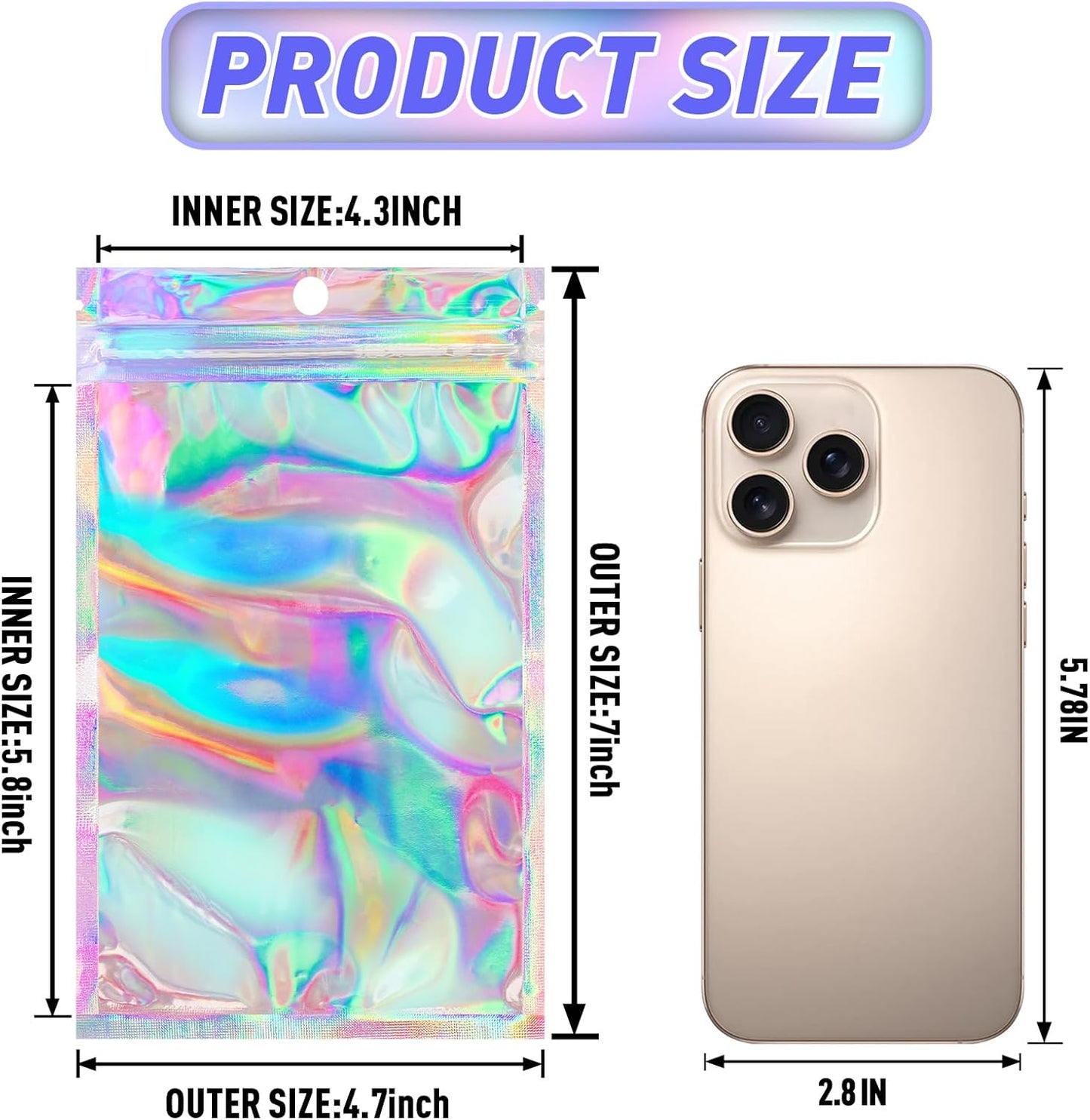 Funfery 100 Pack Smell Proof Holographic Bags Clear Resealable Bags,Mylar Foil Bag with Zipper,Sealing Pouch Packaging Bag for Food Storage,Candy,Party Favor Sample Business Supplies(4.7x7in)