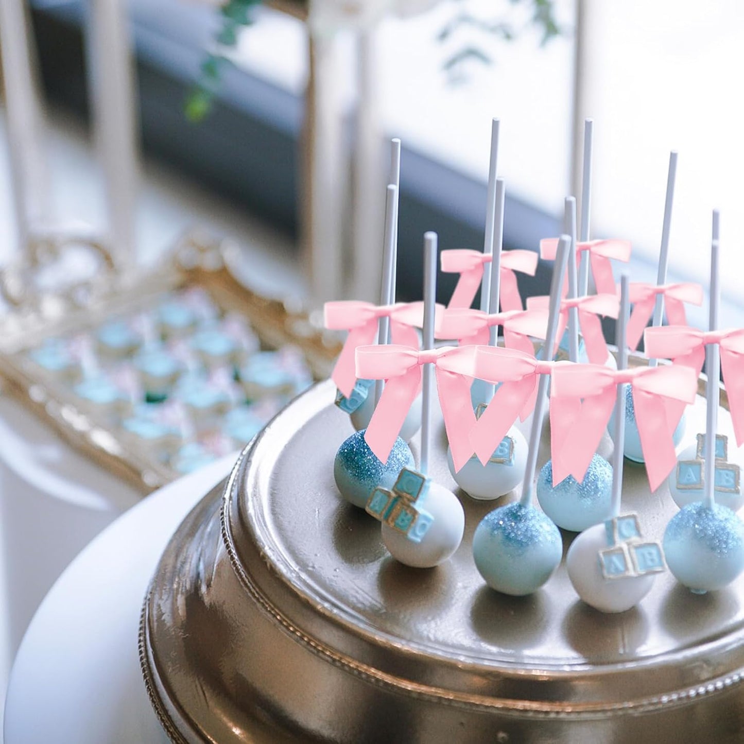 50Pcs Light Pink Twist Tie Bows for Gift Wrapping 2.5" Satin Ribbon Bow for Treat Bags Balloons Birthday Party Favors Wedding Decorations