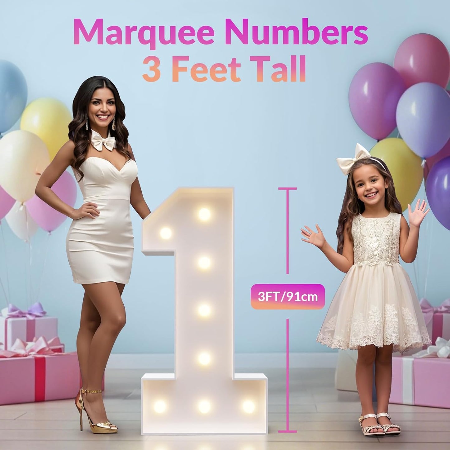 JoyMuse Marquee Numbers 3 Feet Tall, Light Up Numbers with Lights, Large Numbers for Party, Number 1 Light Up Numbers for Baby Showe Anniversary Birthday Decorations for Girls Boys