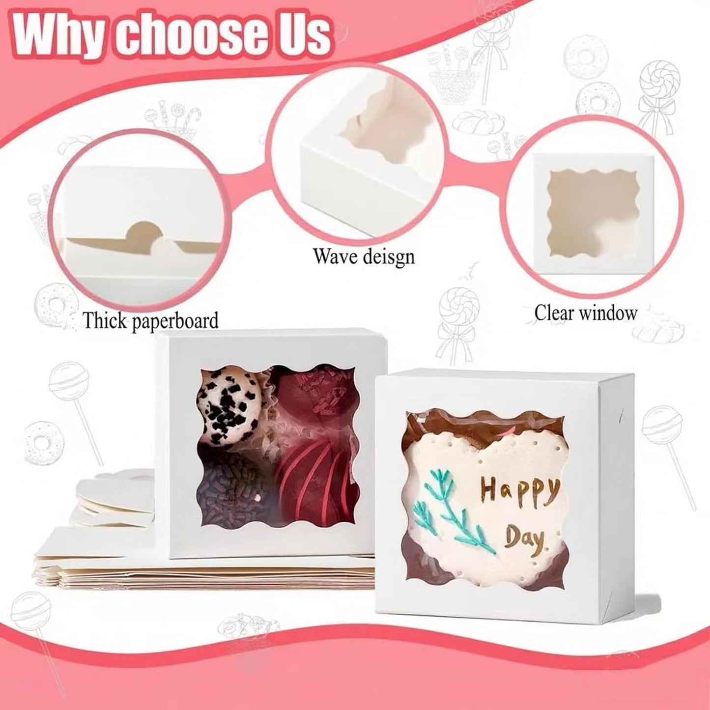 RomanticBaking 3.2" x 3.2" x 1.5" 100PCS Cookies, Soap, Chocolate Truffle, Donut, Macaron, Mini Bakery Boxes with Window