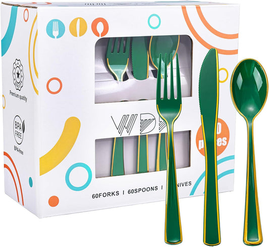 WDF 180PCS Green Plastic Silverware - Green Utensils 60 Forks, 60 Knives and 60 Spoons - Heavy Duty Christmas Plastic Cutlery for Party Supplies/Christmas