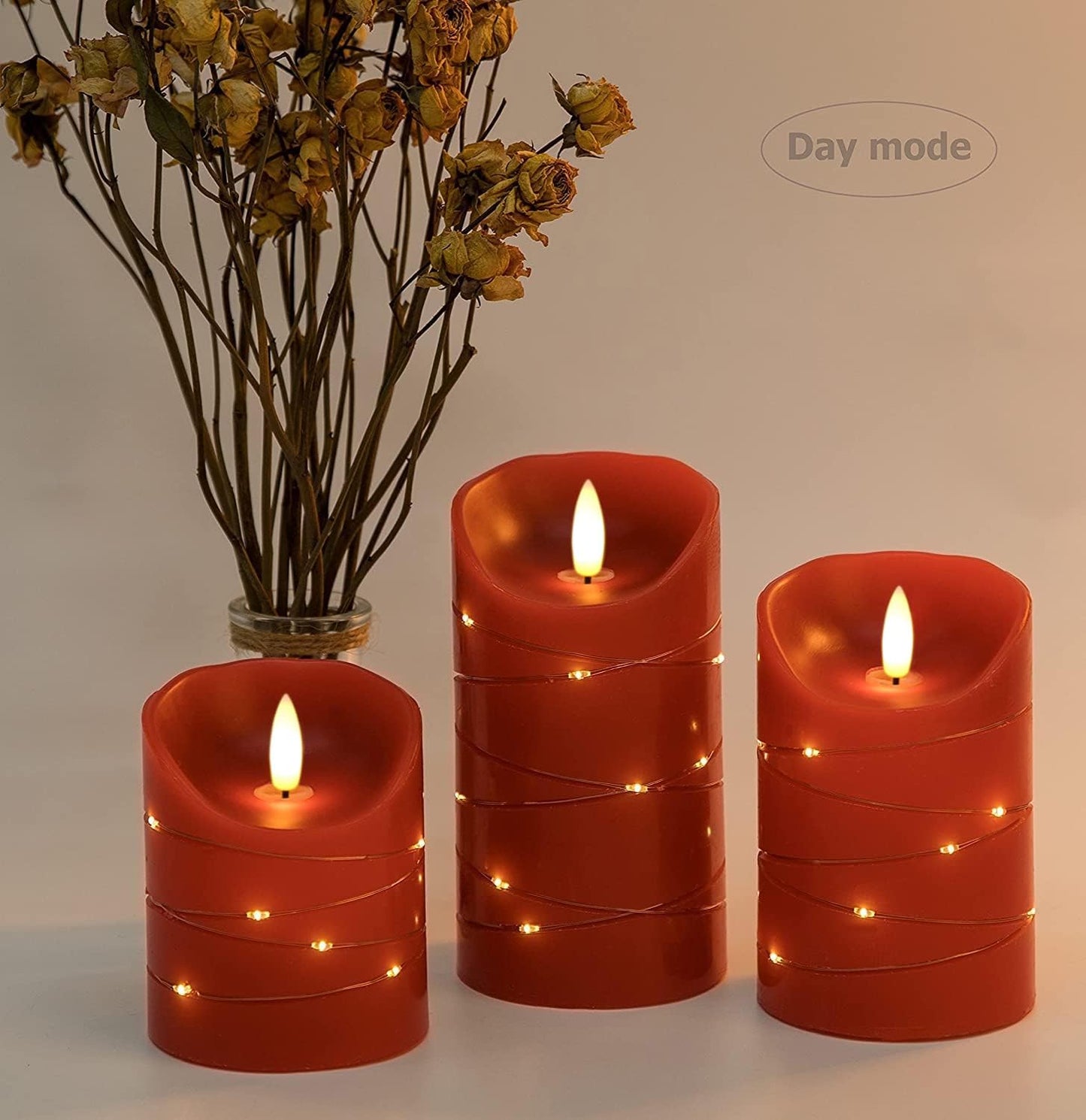 danip red LED flameless Candle with Embedded Star String, 3-Piece Set of LED Candles, with 11 Button Remote Control, 24-Hour Timer Function, Dancing Flames, Real Wax, Battery Powered. (Red)