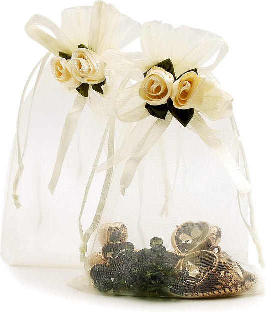 SumDirect Rose Organza Gift Bags - 50Pcs 4x6 inch Yellow Wedding Favor Gift Bags, Jewelry Pouches with Drawstring for Party Wedding Christmas Valentine