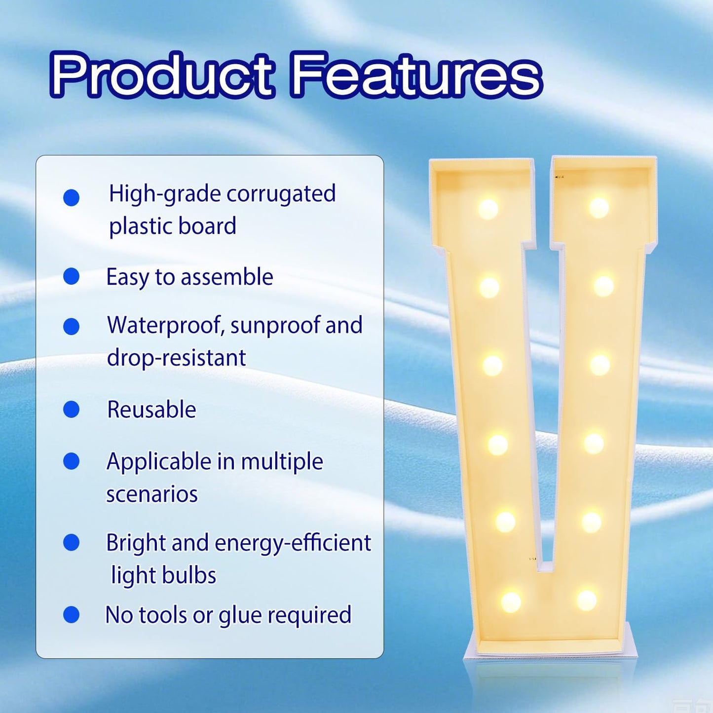 4FT Marquee Plastic Letters V - Light up Letters V Are Made from Corrugated Plastic Board - Quick Assembly Without Tools, Disassembled Components Can Be Used for Garage Sale Signs, Yard Sale Signs