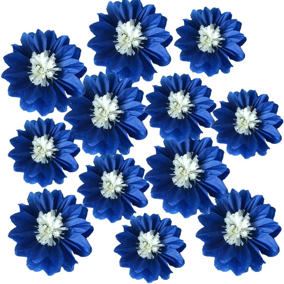 12pcs 8in 10in Paper Flowers Tissue Flowers Pom Paper Pom Poms Hanging Paper Flowers Wall Backdrop Wedding Party Flower Decorations DIY Art Craft Blooms for Birthday Shower Nursey Decor Royal-Blue