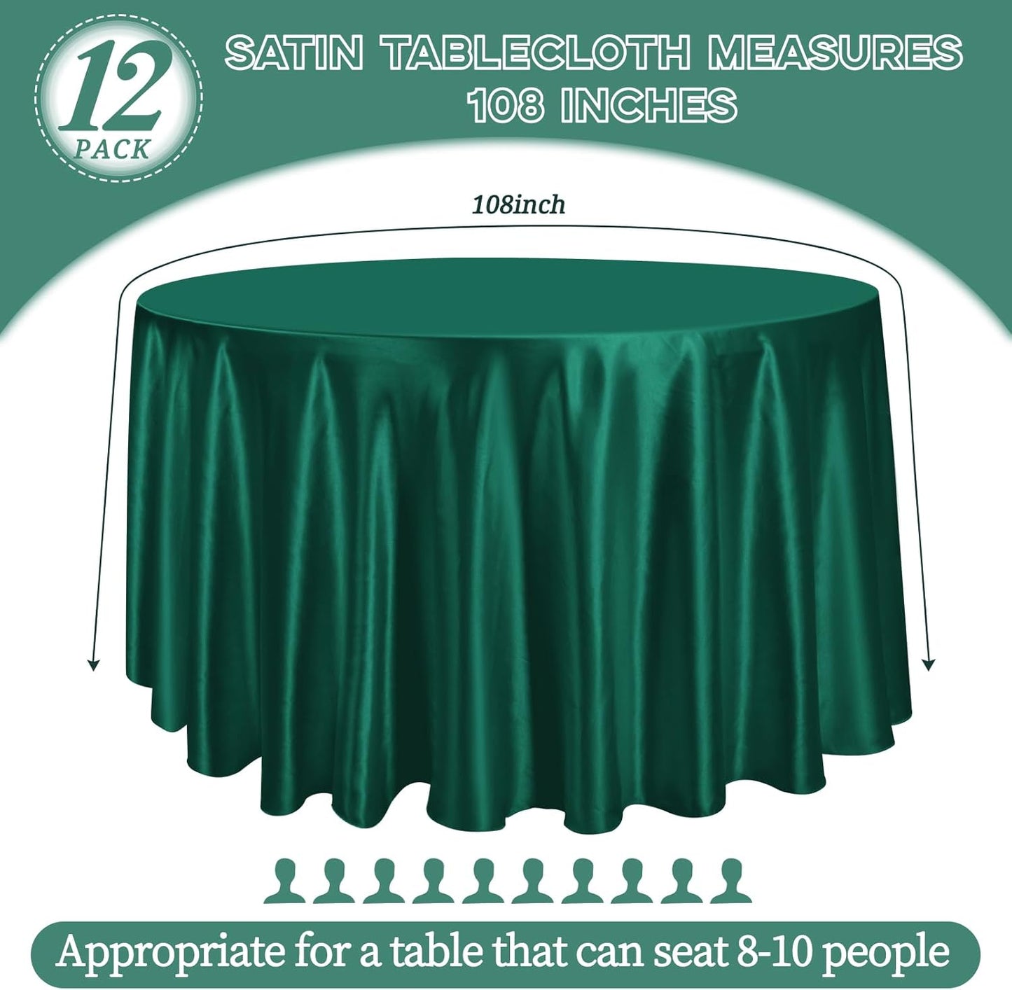 12 Pack 108 Inch Hunter Green Satin Tablecloth - Silky Round Tablecloth Overlay Smooth Fabric Table Cover, Bright Table Decoration for Wedding Party Banquet Events Restaurant Kitchen Dining