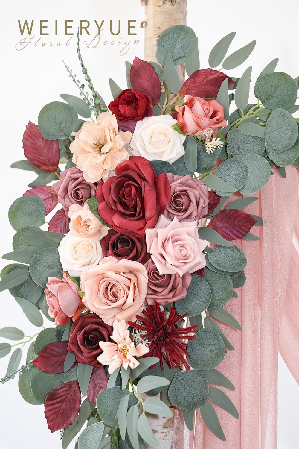 Artificial Wedding Arch Flowers Kit(Pack of 3),2Pcs Artificial Flower Arch Decor,1Pcs Sheer Drape for Wedding Ceremony Arbor for WeddingCeremony (Cream red)