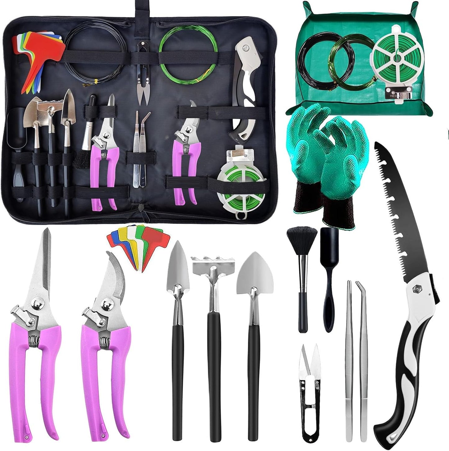 Bonsai Tools Set for Beginners, Bonsai Tree Kit with Training Wire, Scissors, Pruning Shears, Repotting Kit, Indoor Plant Tools Starter Kit (Purple with saws)