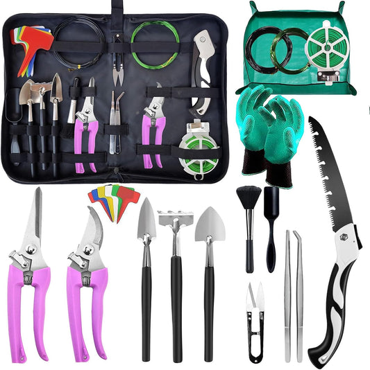 Bonsai Tools Set for Beginners, Bonsai Tree Kit with Training Wire, Scissors, Pruning Shears, Repotting Kit, Indoor Plant Tools Starter Kit (Purple with saws)