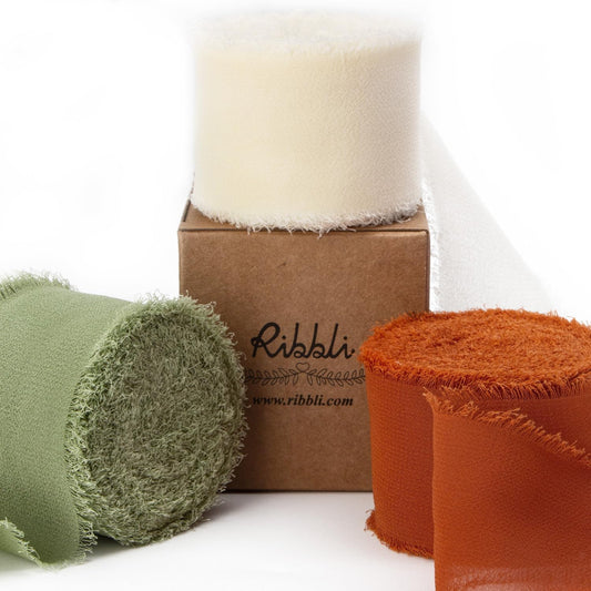 Ribbli Fall Ribbon 1.5 inch x 30 Yard Handmade Silk, Ivory/Dusty Sage/Terracotta Fringe Chiffon Ribbon for Wedding Invitations, Bridal Bouquets Wrapping, Flower Arrangement Decoration
