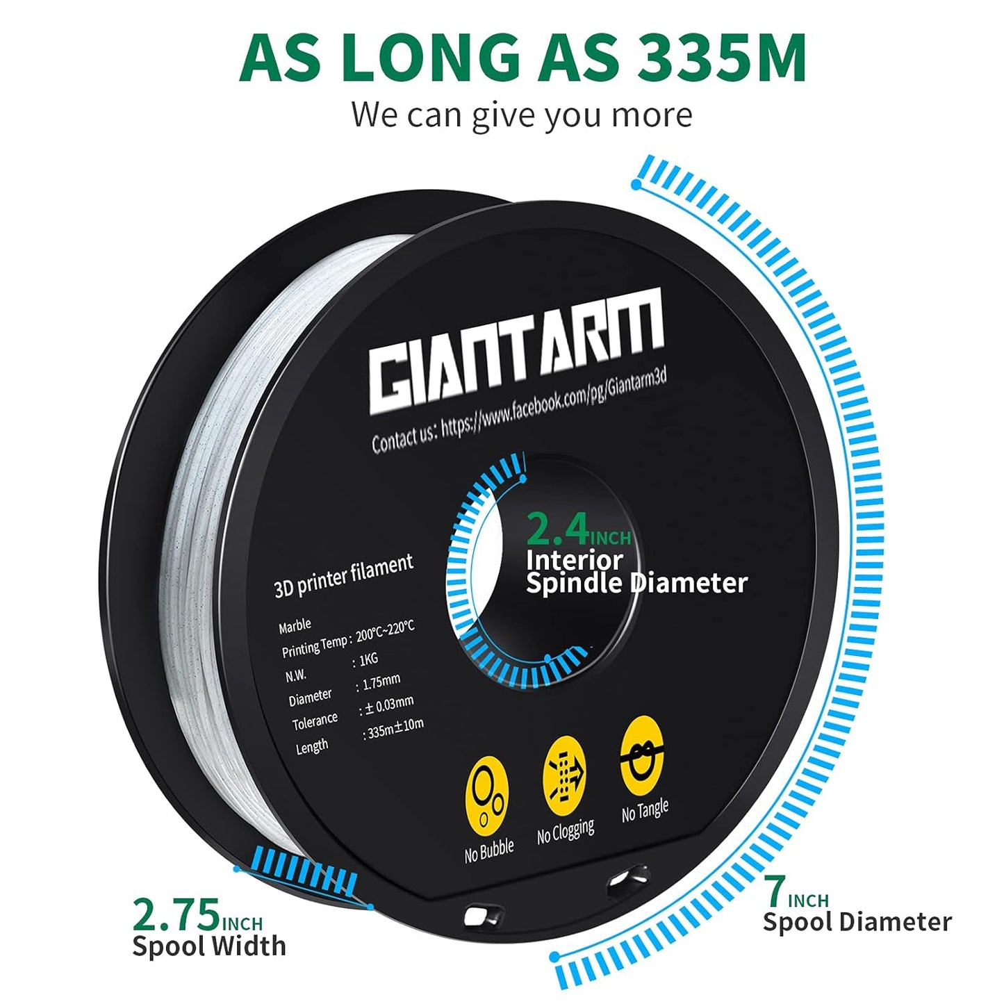 GIANTARM 3D Printer Filament, Marble Pla Filament, 1Kg(2.2lbs) Spool, 1.75mm Dimension Accuracy +/- 0.03mm, 3D Printing Filament