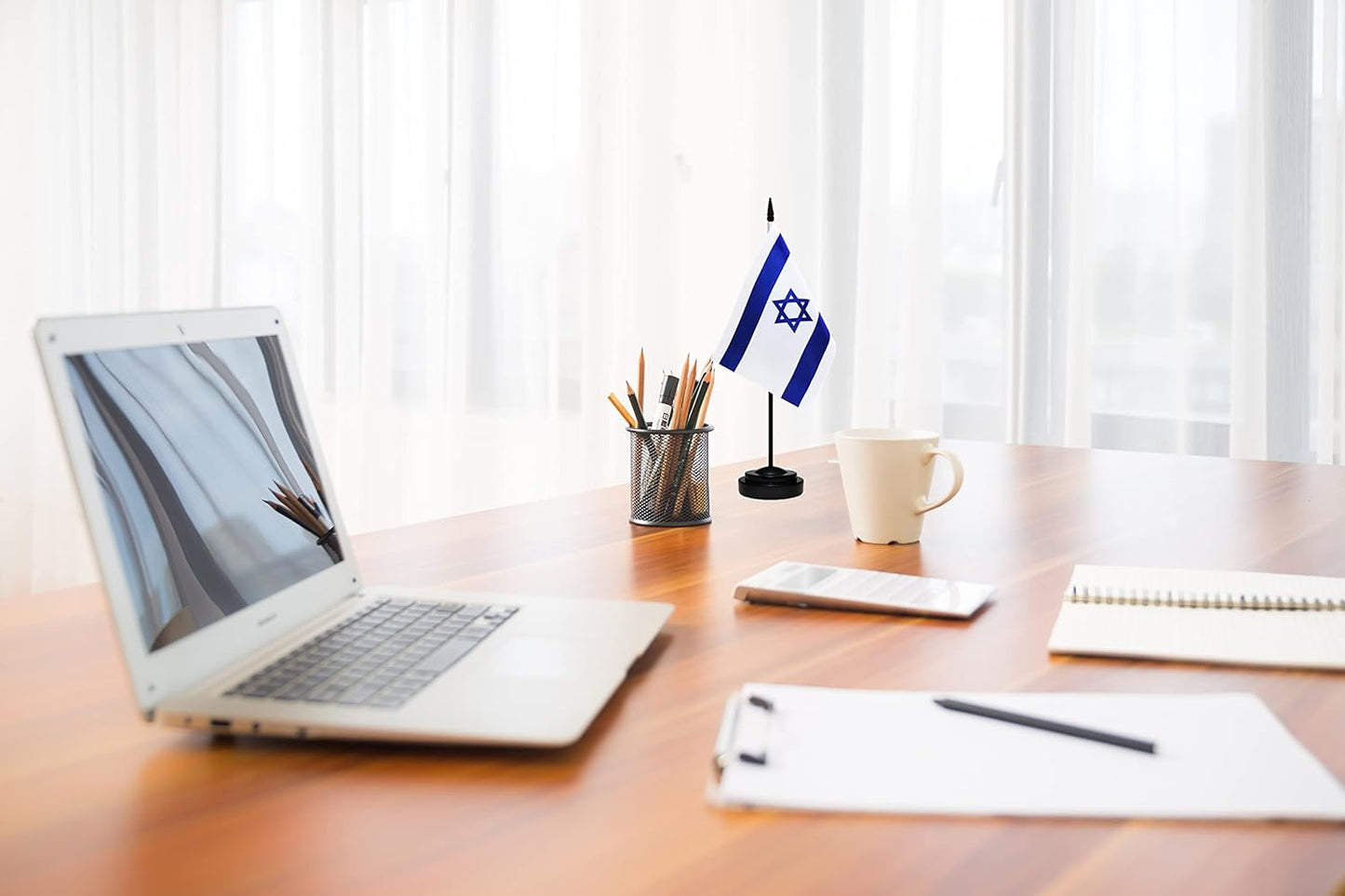 Israel Israeli Deluxe Desk Flag Set Small Mini Miniature Israel Israeli Table Desktop Flags With Solid Pole, Black Base and Spear Top(2 Pack)