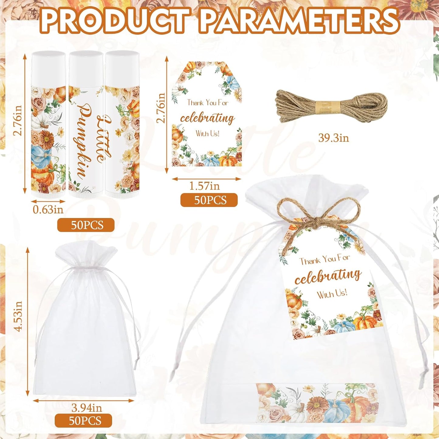 50 PCS Baby Shower Lip Balms for Guests, Boys Girls Neutral Gender Reveal Baby Shower Party Favors with Thank You Card Tags Thanksgiving Decorations Pumpkin Flower