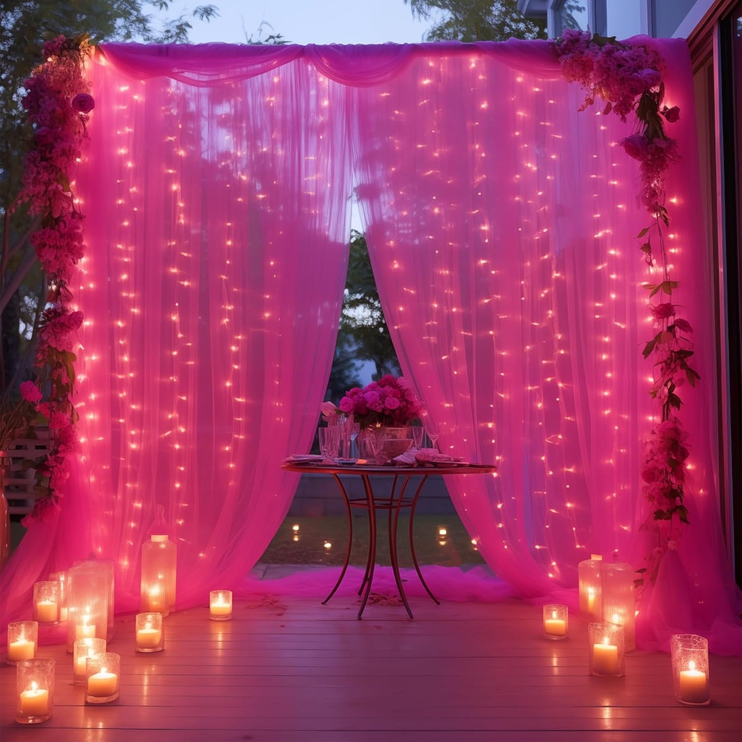 20×10ft Hot Pink Tulle Backdrop Curtain with Lights String for Parties, Sheer Photo Backdrop Curtains for Wedding Party Photography Background