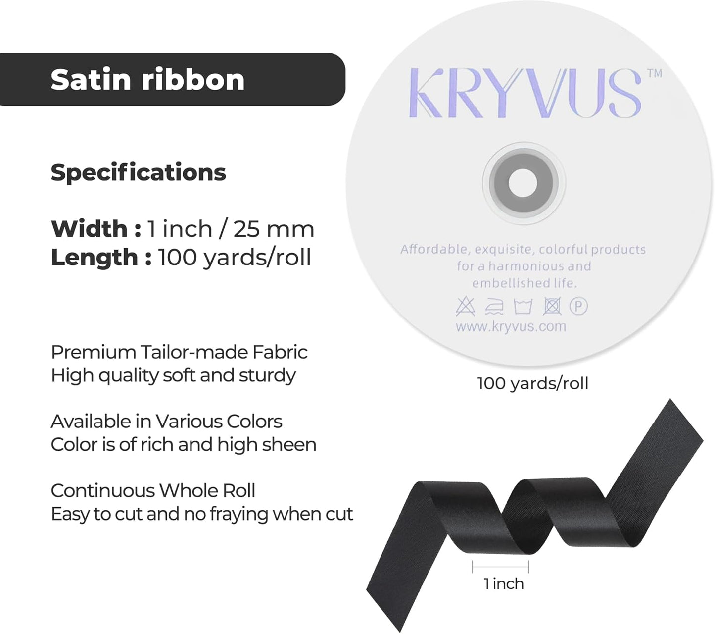 Black Satin Ribbon 1 inch X Continuous 100 Yards, Single Face Polyester Ribbon Perfect for Gift Wrapping, Flower Bouquet, Wedding Decor, Crafts, Bow Making, Sewing and More