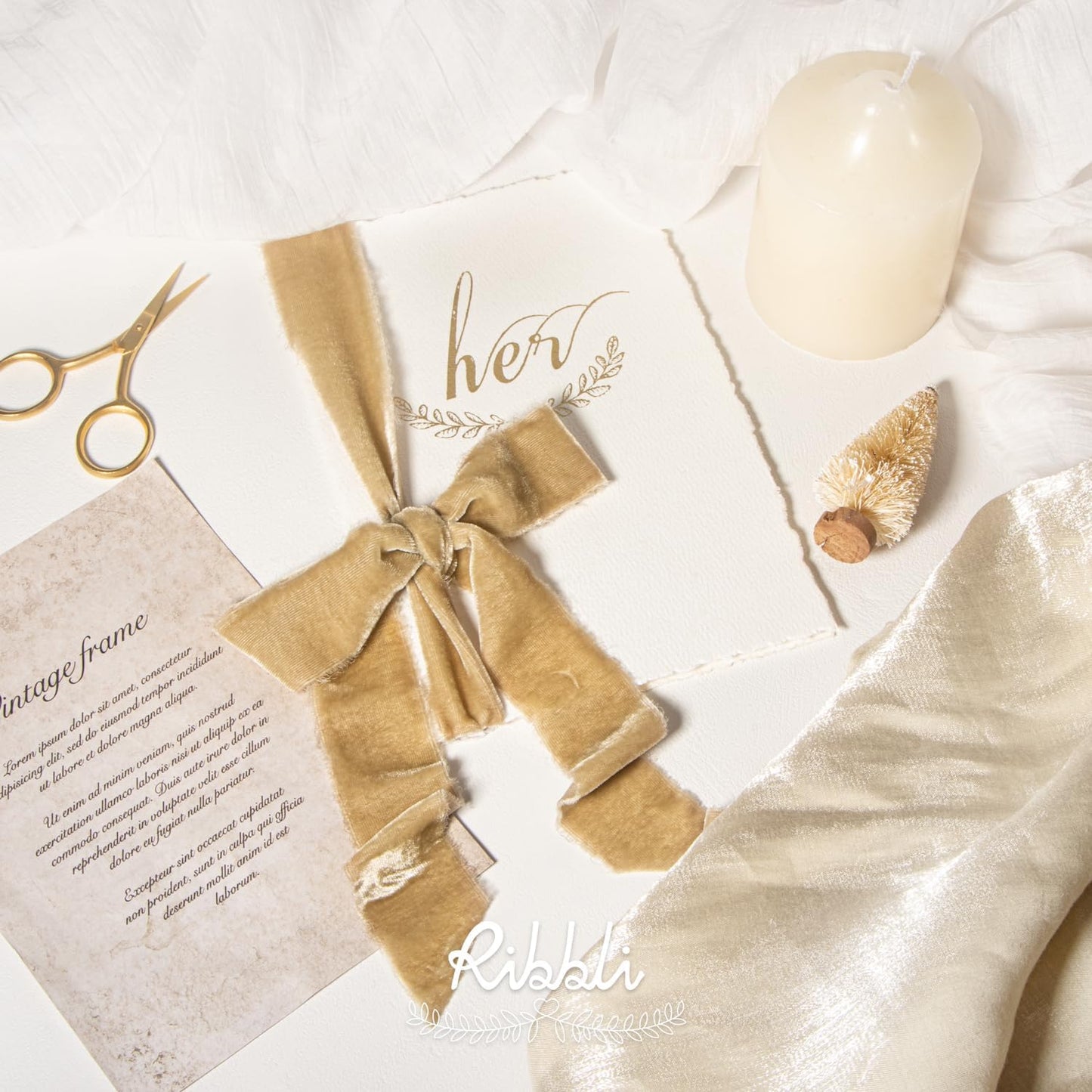 Ribbli Light Champagne Velvet Ribbon 1.5 Inch Handmade Frayed Christmas Ribbon for Gift Wrapping Christmas Tree Ornament Wreath Craft Home Decor -Total 3 Yards with Wooden Spool