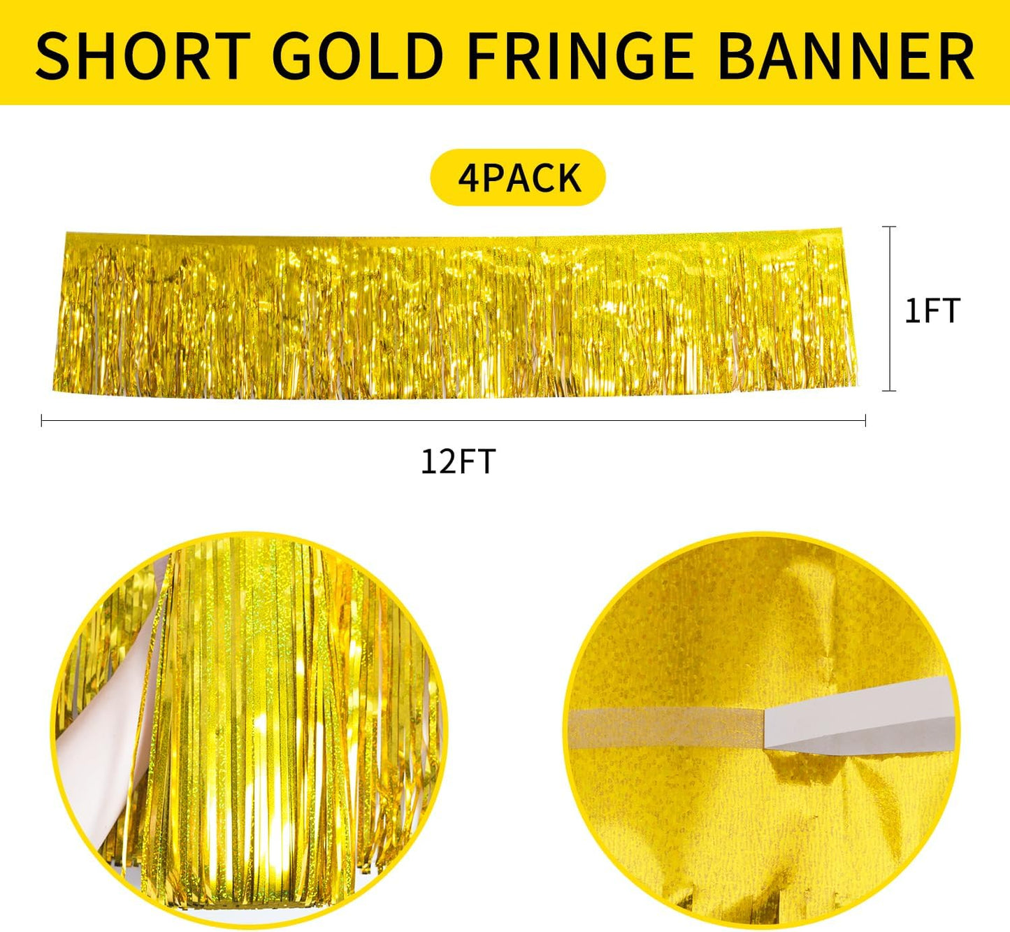 Laser Gold Christmas Decorations Tinsel Garland Parade Float Decorations for Trailer 4Pack 12FT Christmas Party Decor Ceiling Fringe Banner Gold Backdrop for Streamers Party Decorations