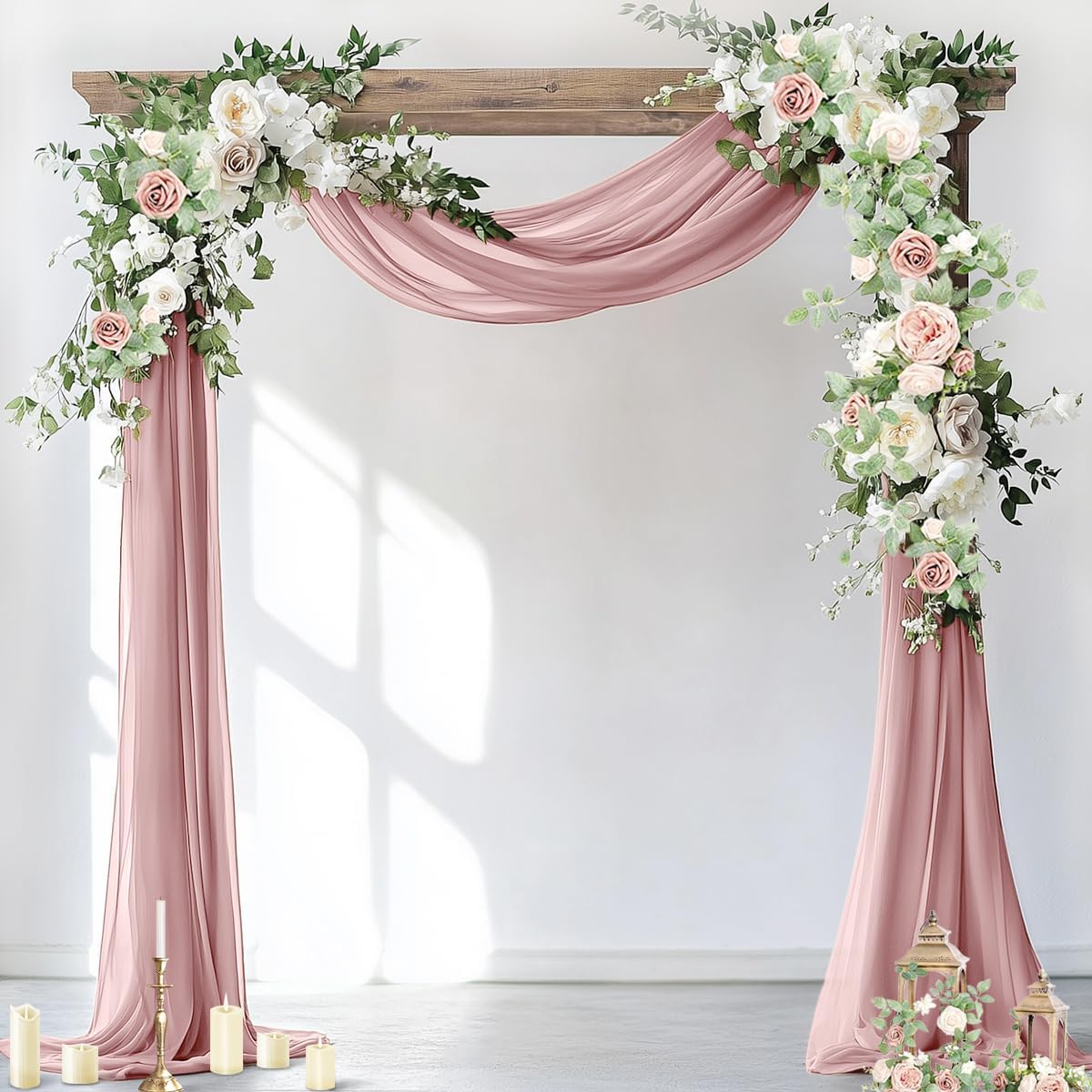Socomi 29" x 19Ftt Wedding Arch Draping Fabric 2 Panels Dusty Rose Sheer Chiffon Curtain Drapes 6 Yards for Wedding Ceremony Birthday Party Decoration