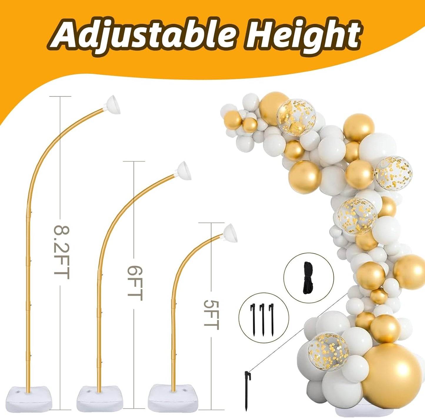 AerWo [Upgraded] Balloon Arch Kit 8.2ft+6ft, Gold Half Balloon Arch Stand with Base, Free Bending Top Curve Balloon Arch Frame Stand for Floor Birthday Wedding Halloween Decorations