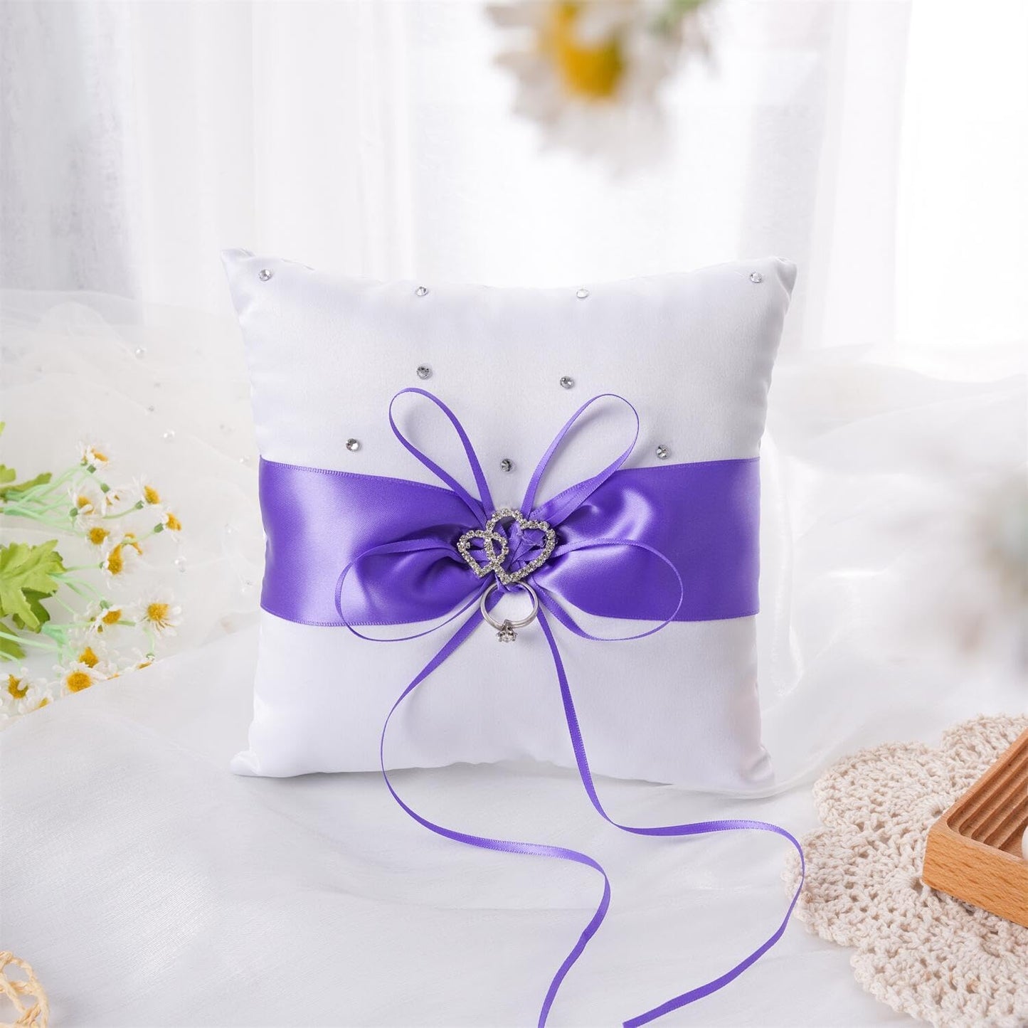 QIRMIZI Ring Pillow,Pearls Ring Cushion, Ring Bearer, Ring Holder for Beach Wedding, Wedding Ceremony, Proposal,Purple