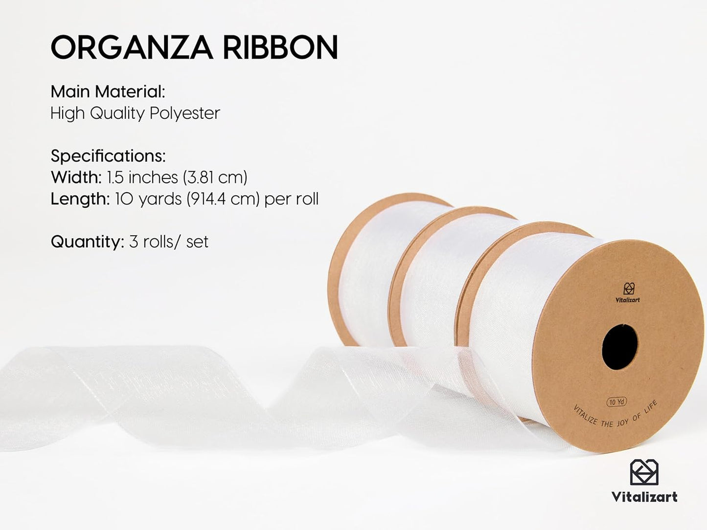 Vitalizart White Organza Ribbon 1.5" x 30 Yd Sheer Ribbons for Gift Wrapping Crafts Christmas Party Decor Bows Wedding Invitations Wreaths Bouquet