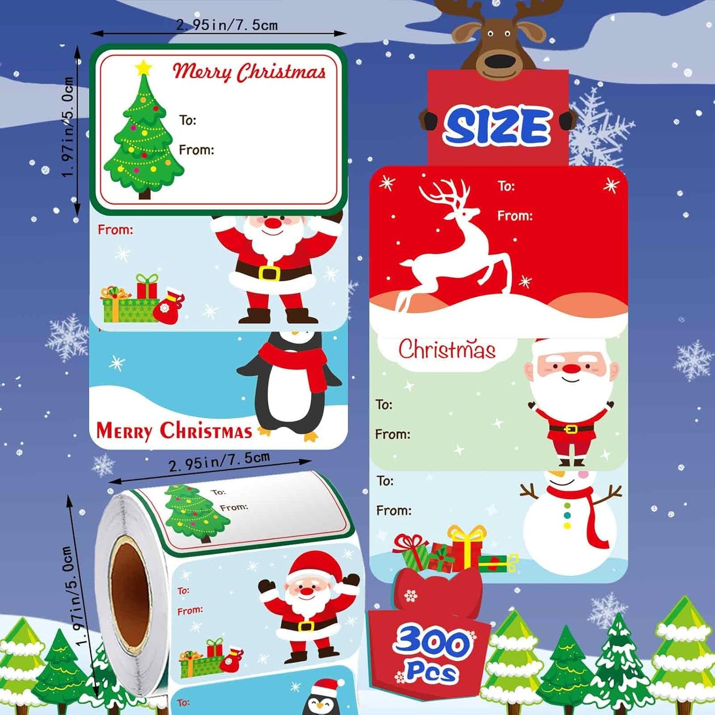300PCS Christmas Gift Tags Stickers, Self-Adhesive Christmas Name Tags for Gifts Wrappings Christmas Gift Labels Stickers for Presents Boxes Bags Envelopes
