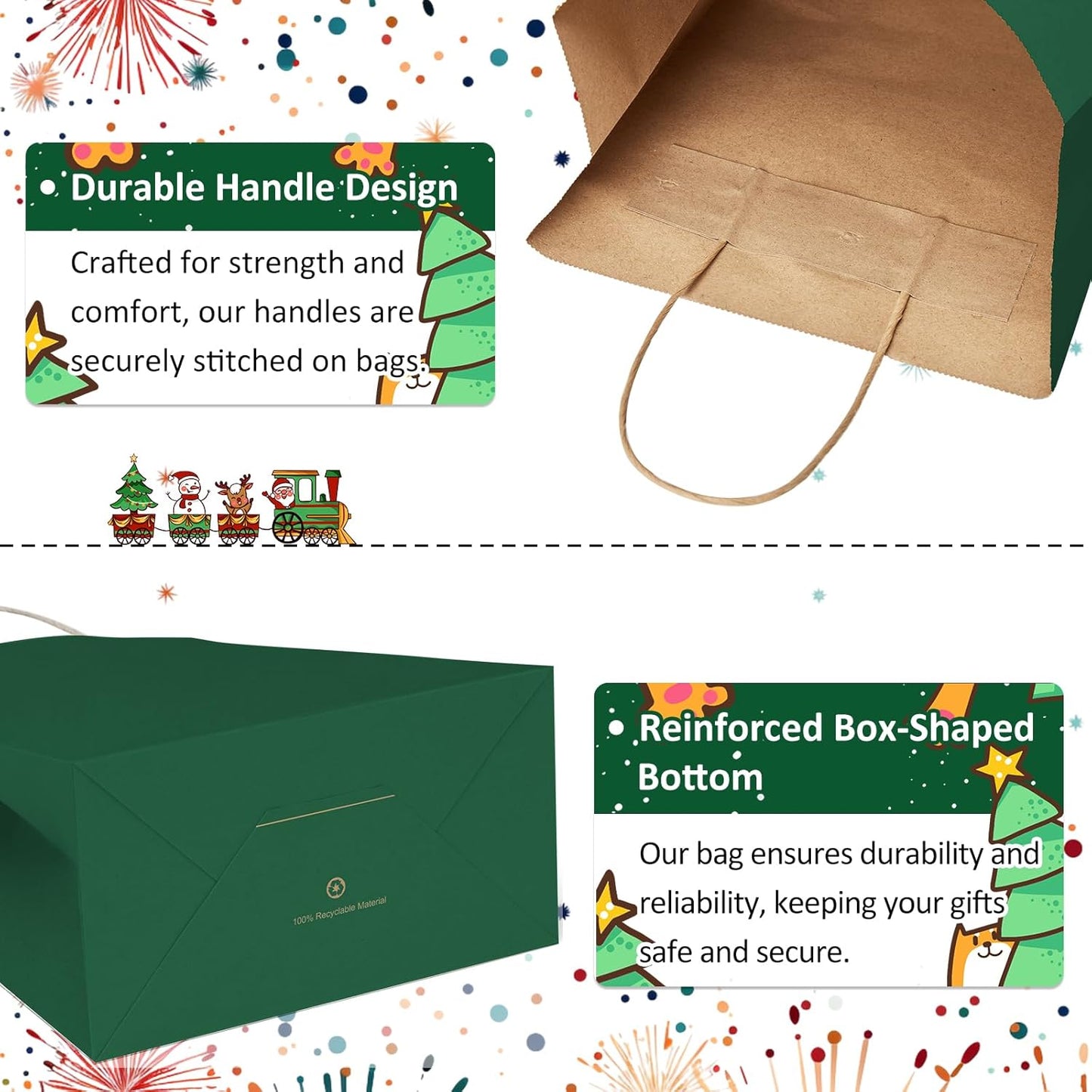 BagDream Forest Green Paper Bags with Handles Bulk 10x5x13 Inch 100Pcs Large Kraft Paper Gift Bags for Christmas, Thanksgiving, Outings, Craft, Retail, Grocery, Shopping, Recyclable