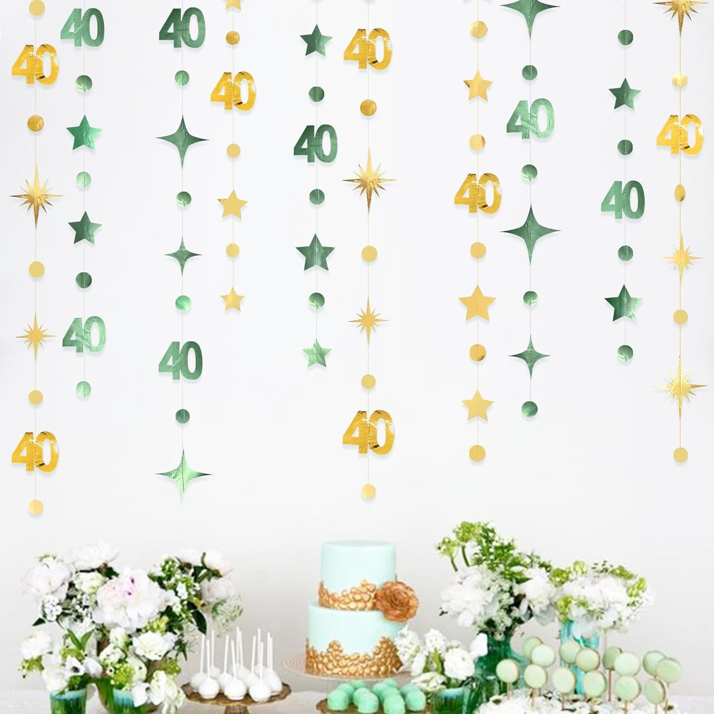 Sage Green Gold 40th Birthday Decorations Number 40 Circle Dot Twinkle Star Garland Streamer Banner Backdrop for Women Mens Cheers to 40 Years Old Birthday Happy 40th Anniversary Party Supplies