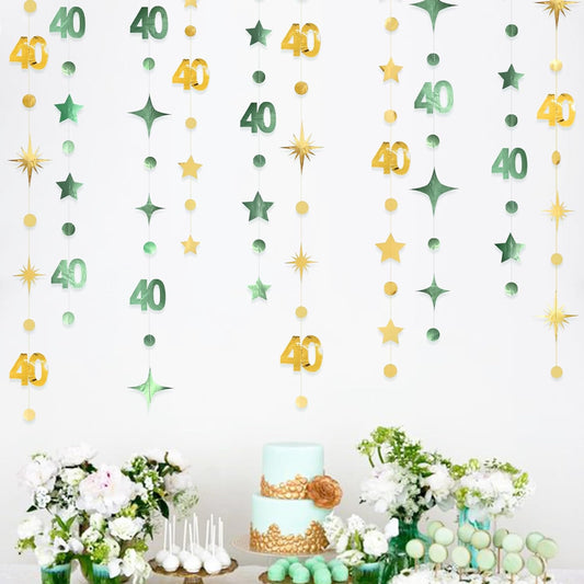 Sage Green Gold 40th Birthday Decorations Number 40 Circle Dot Twinkle Star Garland Streamer Banner Backdrop for Women Mens Cheers to 40 Years Old Birthday Happy 40th Anniversary Party Supplies