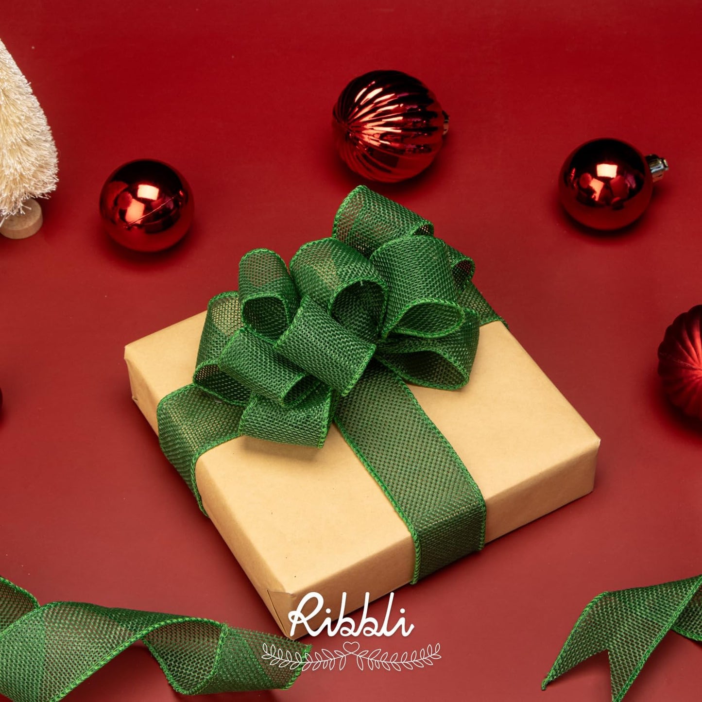 Ribbli Emerald Green Burlap Wired Ribbon,1-1/2 Inch x 10 Yard, Wired Edge Ribbon for Big Bow,Wreath,Tree Decoration,Outdoor Decoration