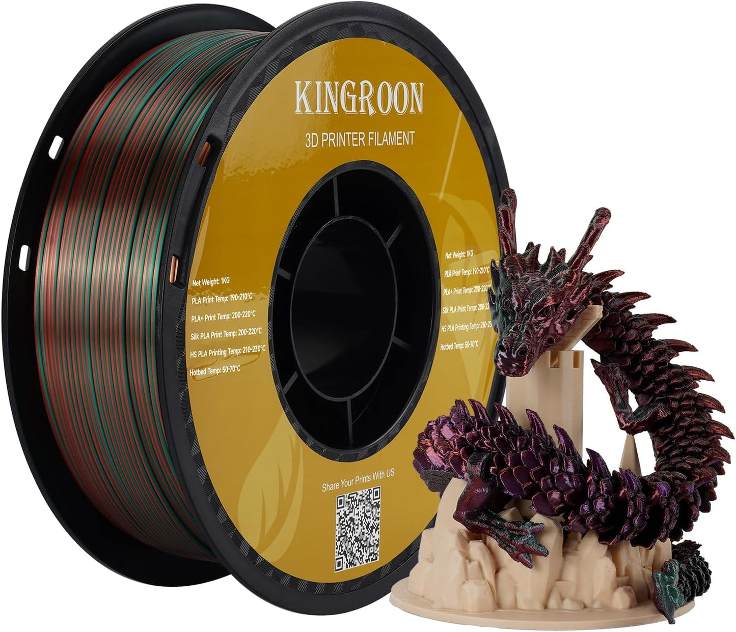 Kingroon Silk PLA Triple Color,3D Printer Filament,Pla Filament 1.75mm,Multicolor Filament 1KG,Dimensional Accuracy +/- 0.03mm,for Most FDM 3D Printer,Green Purple Copper