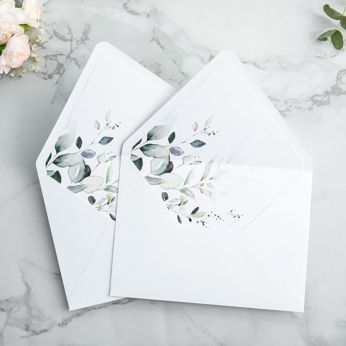 PONATIA 50PCS A7 Euro Flap Envelopes, 5.25 x 7.25'' Liner Envelope For 5x7'' Weddings Invitation Cards, Christmas Gift Cards, Acrylic Invitations, Photos (White & Sage Green Leaves)