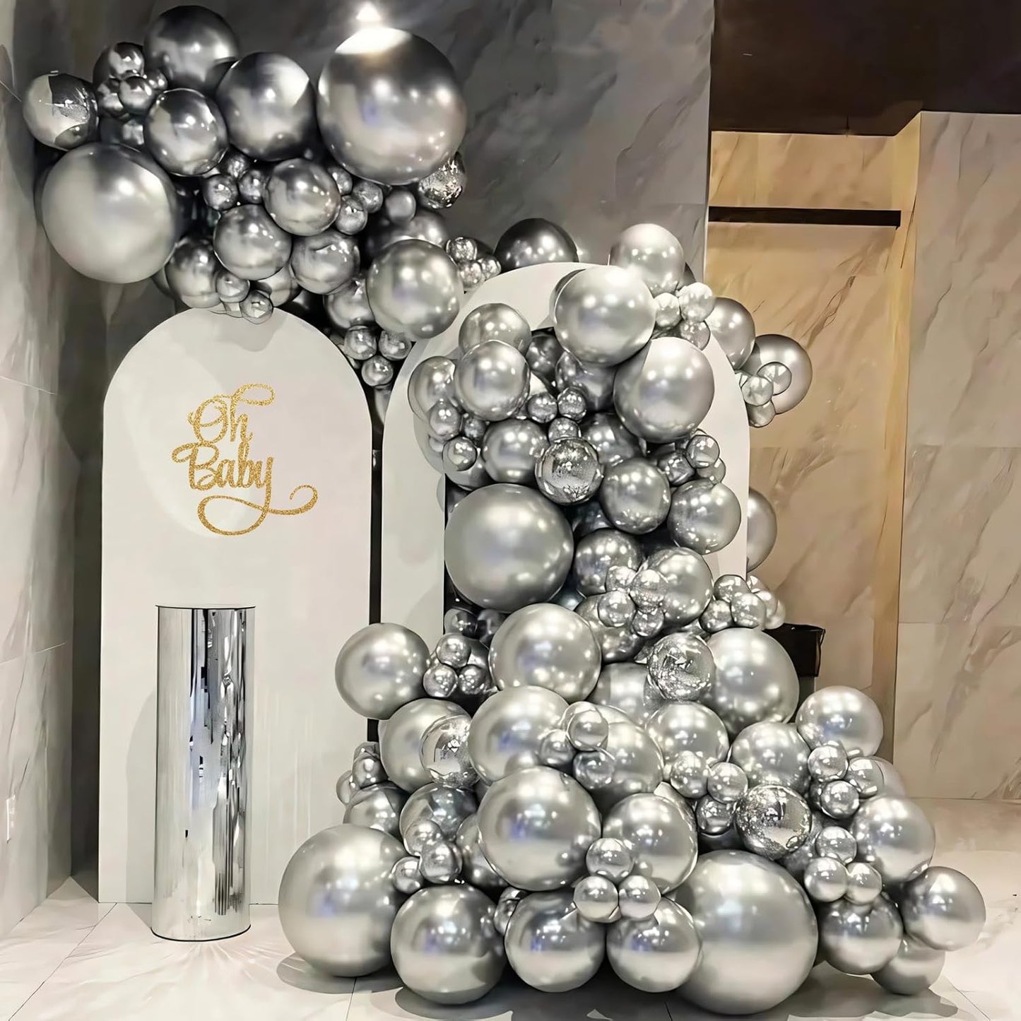 110pcs Metallic Silver Balloons 12 Inch Silver Latex Balloon Garland Arch Kit for Birthday Baby Shower Wedding Anniversary Graduation Party Decorations