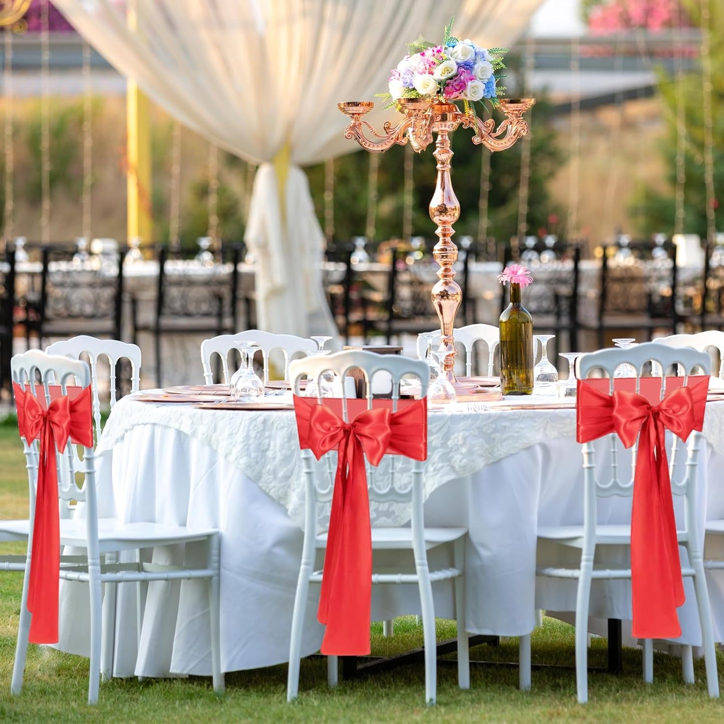 10 PCS Red Satin Chair Sashes Bows Universal Chair Ribbon Ties Back Sash for Wedding Party Reception Events Banquets Hotel Event Chair Cover Decoration (7x108 inch)