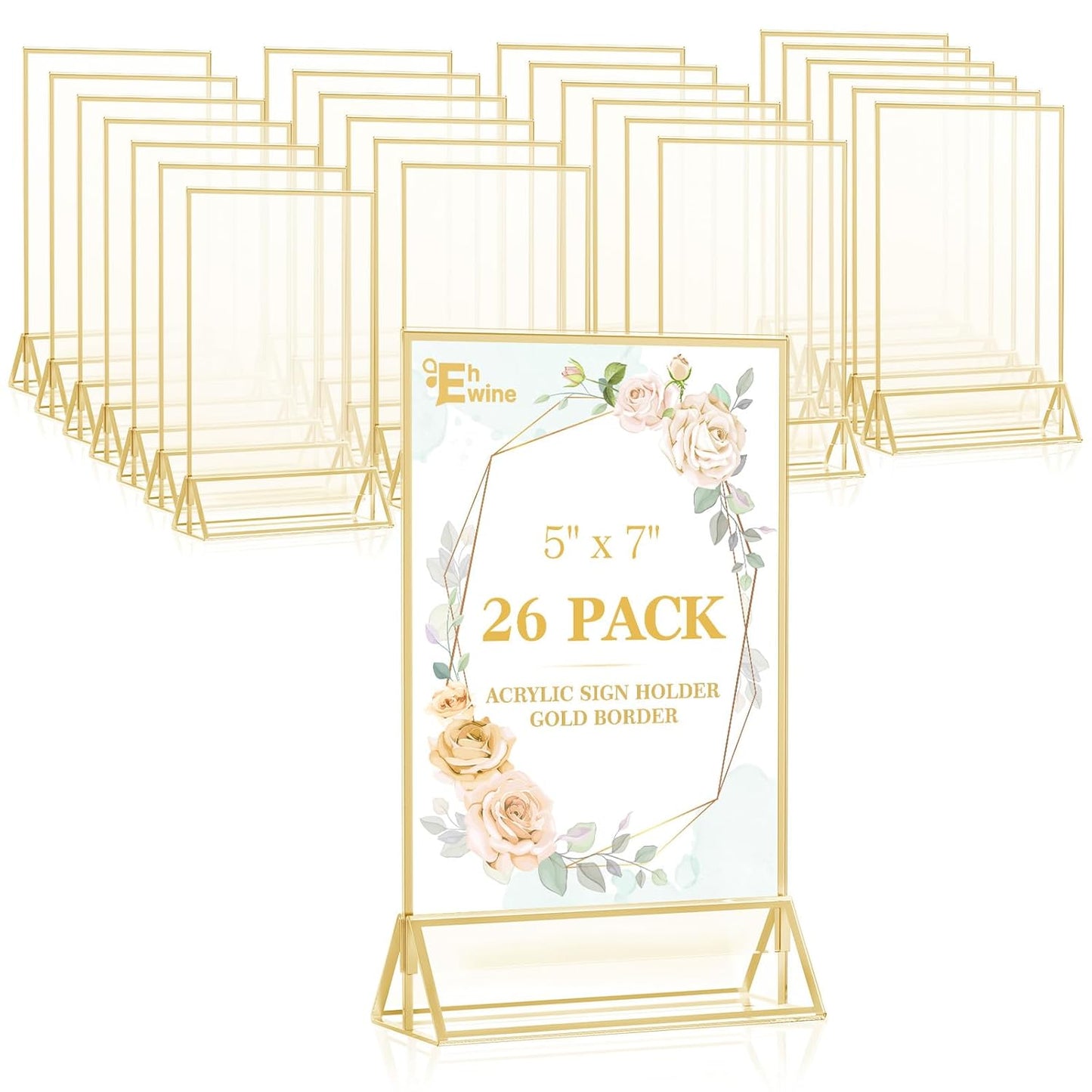 EHWINE 26 Pack 5×7 Clear Acrylic Sign Holder with Gold Borders and Vertical Stand, Double Sided Table Menu Holders Picture Frames for Wedding Table Numbers, Restaurant Signs, Photos and Art Display