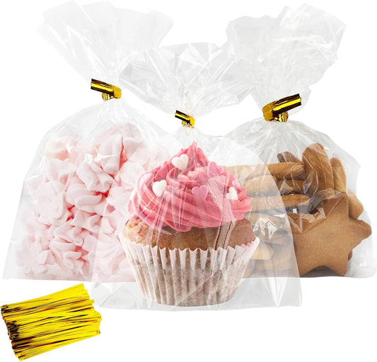 Cidenbio 100 PCS Cellophane Treat Bags, 5x7 In Clear Cellophane Gift Bags with Twist Ties Plastic Goodie Bag for Party Favor Cookie Candy Popcorn Bakery Chocolate Gift Wrapping