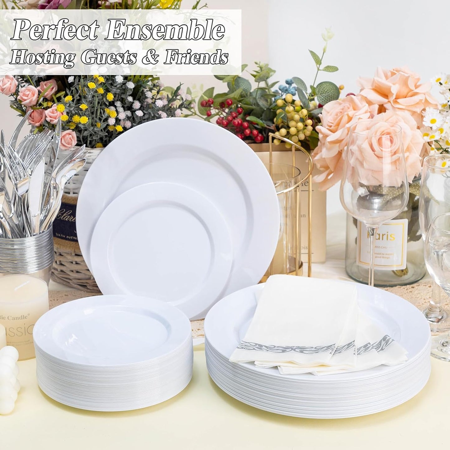 100PCS White Plastic Plates Set, 50 10.25 inch Dinner Plate and 50 7.5 inch Dessert Plates, Premium Disposable Plates for Party, Wedding
