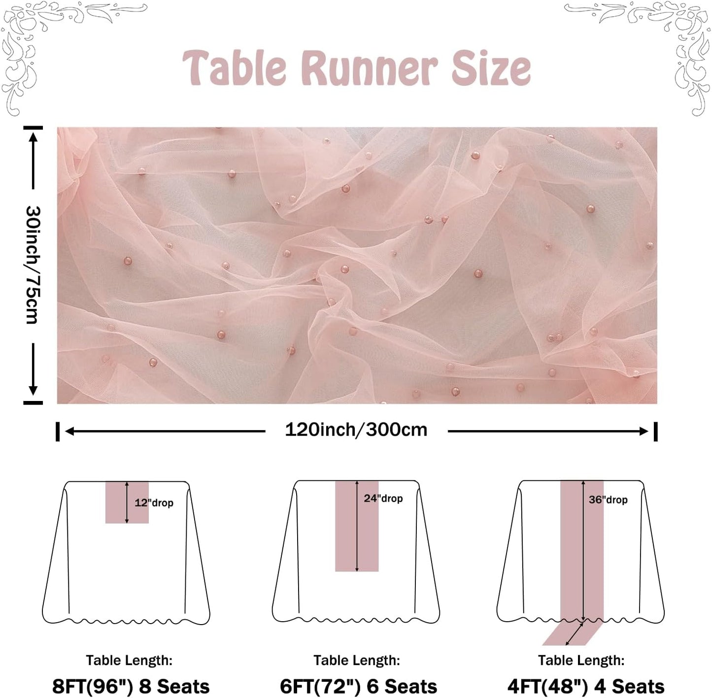 Fanami 3 Pack Pearl Table Runner -10FT Dusty Pink Boho Tulle Table Runners 120 Inches Long Rustic Sheer Lace Fabric Centerpieces for Wedding Arch Birthday Party Bridal Veil Baby Shower Decorations