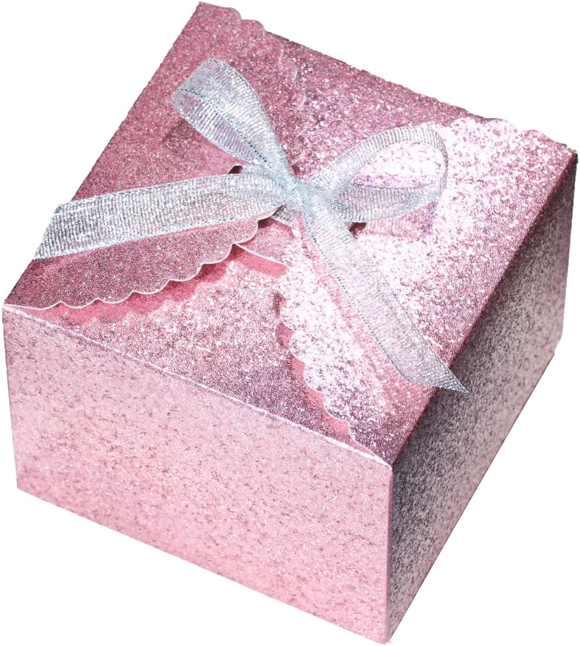 WEWILUCK Pink Glitter Gift Boxes – Foldable Paper Boxes with Ribbon-Tied Lids, Set of 10, Sparkly Present Boxes for Weddings, Bridesmaids, Birthdays, Baby Showers, Party(4.75x4.75x3.53)