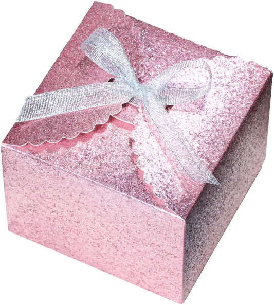 WEWILUCK Pink Glitter Gift Boxes – Foldable Paper Boxes with Ribbon-Tied Lids, Set of 10, Sparkly Present Boxes for Weddings, Bridesmaids, Birthdays, Baby Showers, Party(4.75x4.75x3.53)