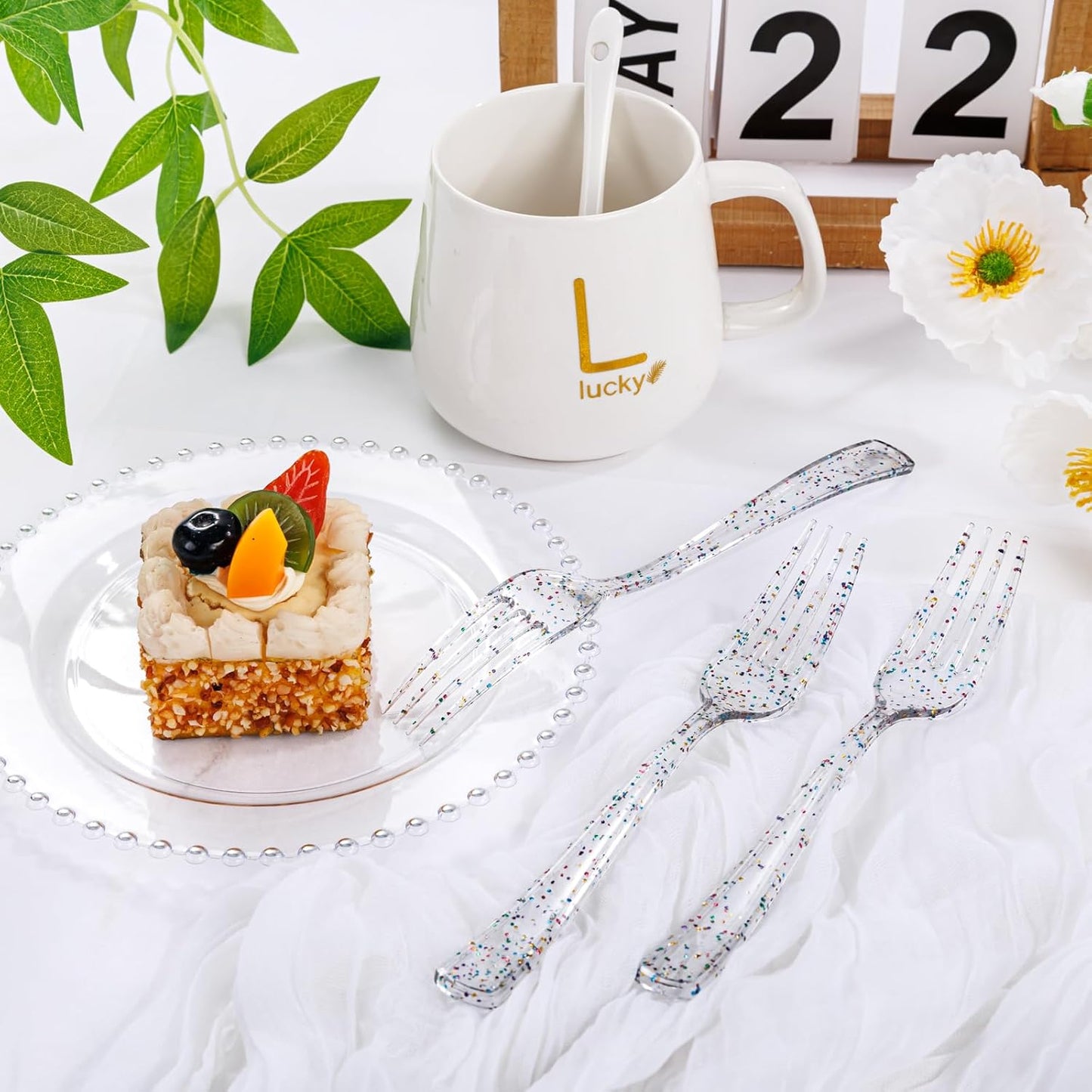 Supernal 360pcs Glitter Disposable Plastic Forks,Plastic Silverware Heavy Duty,Clear Plastic Forks,Glitter Disposable Cutlery for Birthdays, Parties, Bridal Shower and Weddings