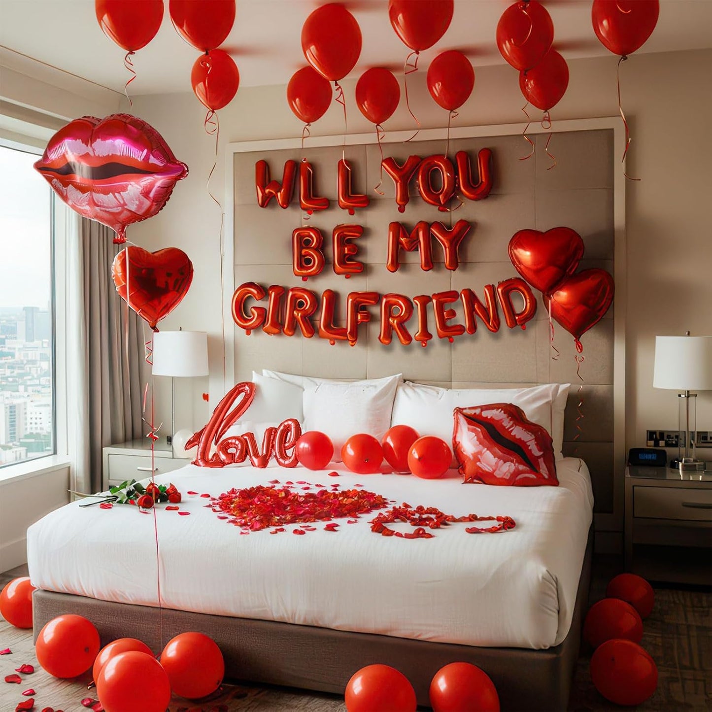 16 Inches Red 'WILL YOU BE MY GIRLFRIEND' Confession Letter Balloons with Heart-Shape, lips, love Foil Balloons and Rose Petals for Romantic Special Night Decorations and Valentines Day