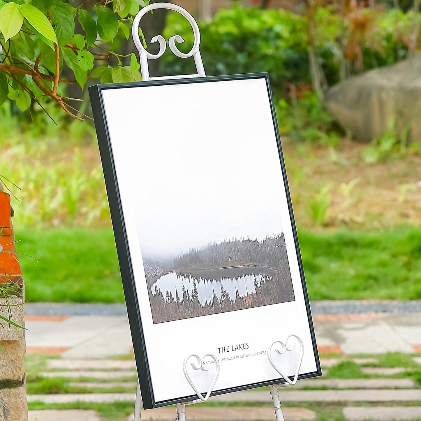 Extra Large Free Standing Adjustable Display Stand Easel with Chain Support, Retro White Decorative Metal Foldable Floor Standing Easel for Display Mirror Wedding Welcome Signs, 16.3" x 19.3" x 56"