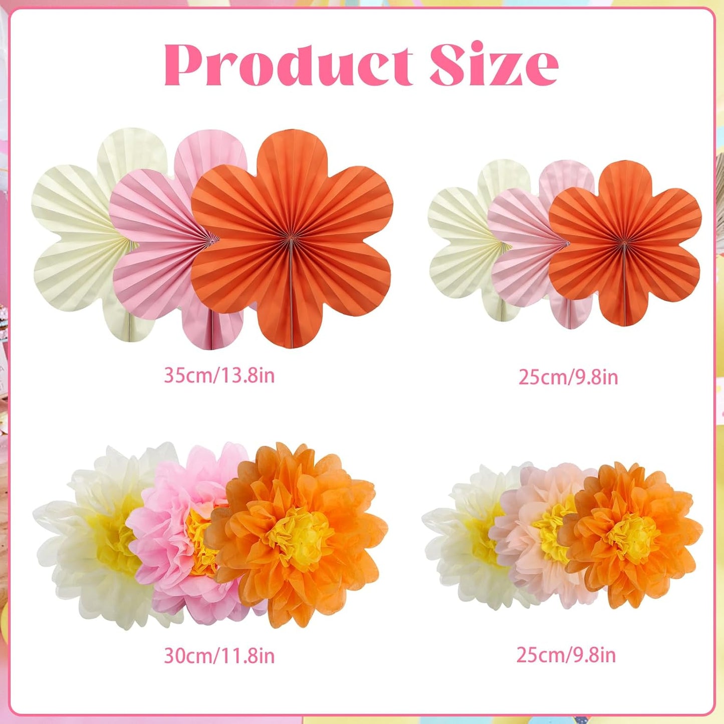 BestoFun 12PCS Paper Flowers Fans Pink Orange Party Decorations Tissue Paper Flowers Decorations for Girl Groovy Birthday Baby Shower Wedding Bachelorette Room Wall Hanging Décor