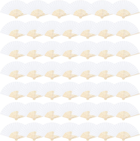 Aneco 48 Pieces Handheld Paper Fans Paper Folding Fans with Bamboos for Wedding Gift, Party, Home, DIY, White