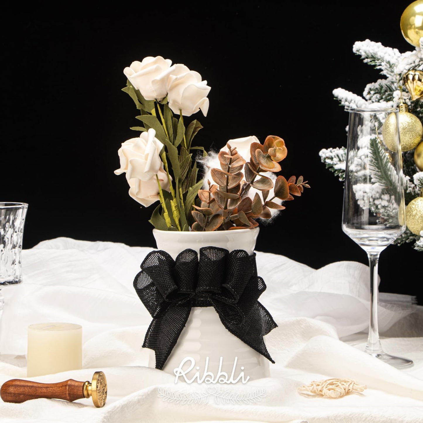 Ribbli Black Burlap Wired Ribbon,1-1/2 Inch x 10 Yard, Wired Edge Ribbon for Big Bow,Wreath,Tree Decoration,Outdoor Decoration